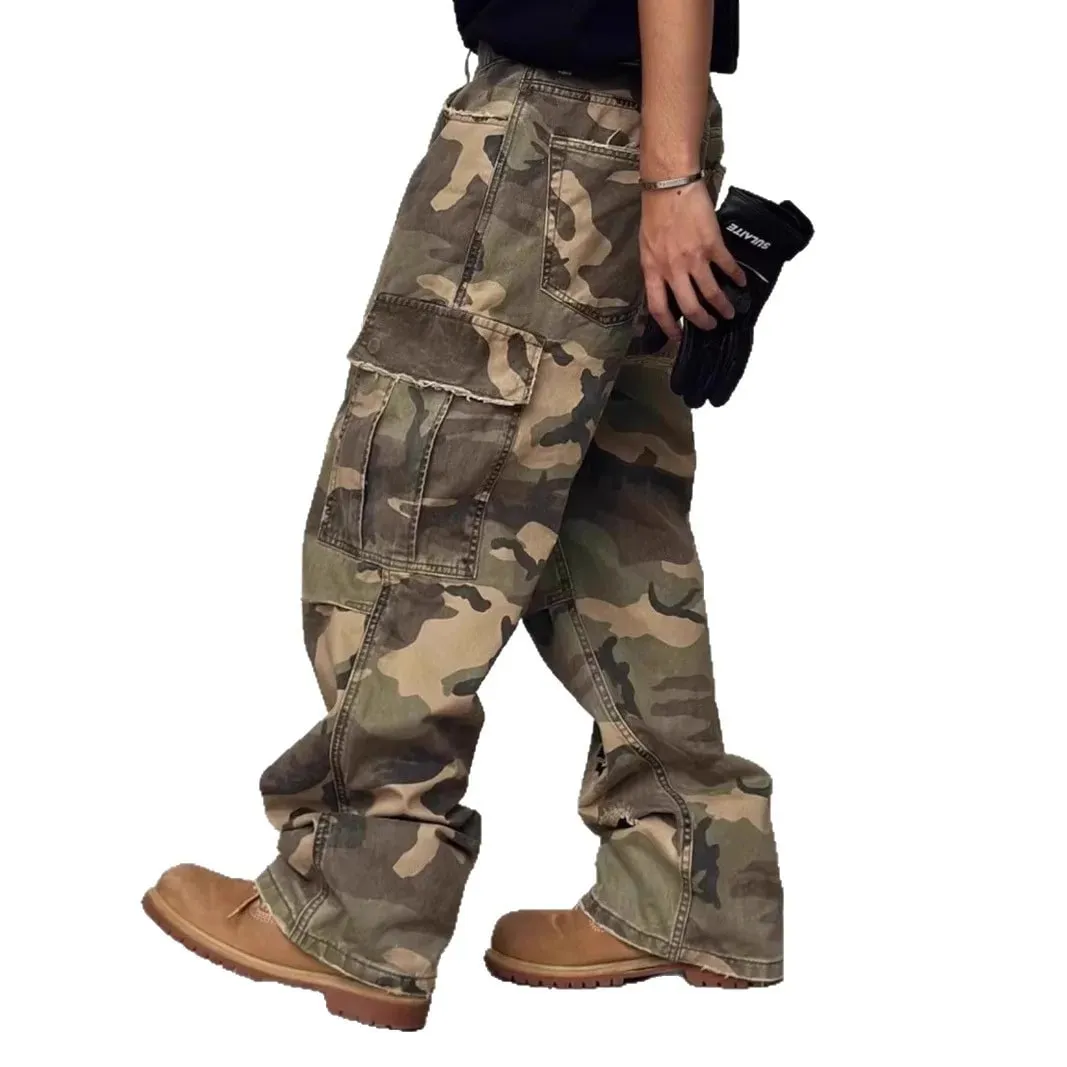 American Street Style Washed Camouflage Workwear Jeans Hole Straight Leg Spring Autumn Casual Cotton Trendy Long Pants