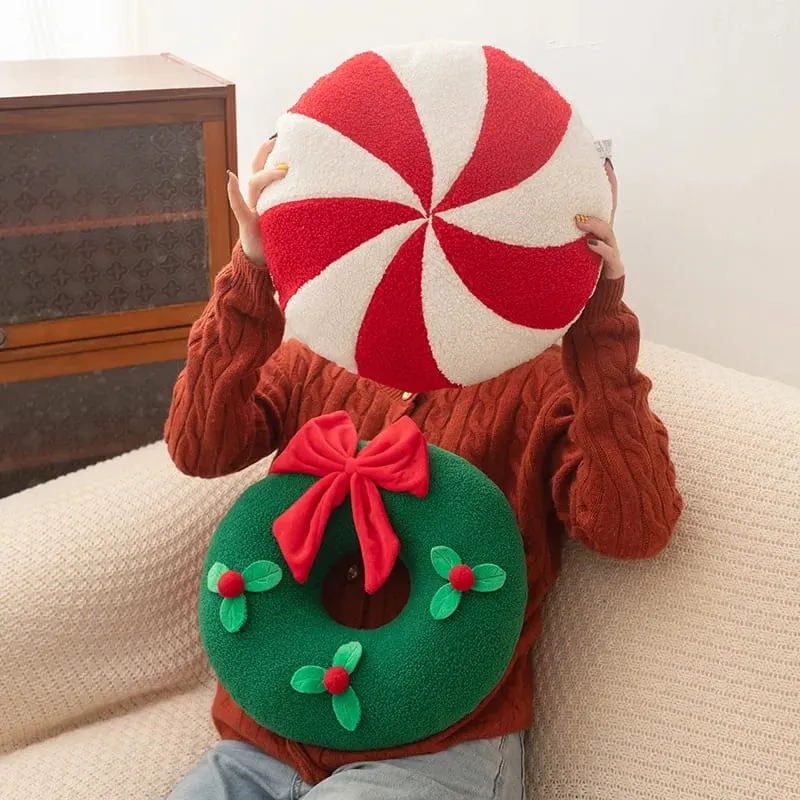 Christmas Day Plush Decor Pillow Stuffed Wreath Snowflake White Red Round Candy Soft Seat Cushion Party Prop Decor Gift