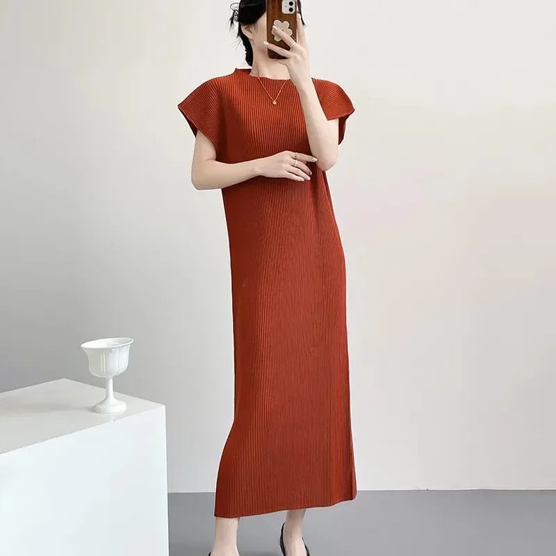 Miyake Pleated Dresses 2026 New Women's Long Sleeve Cardigan Jacket Round Neck Straight Long Dress Commuter Fashion Skirt Set