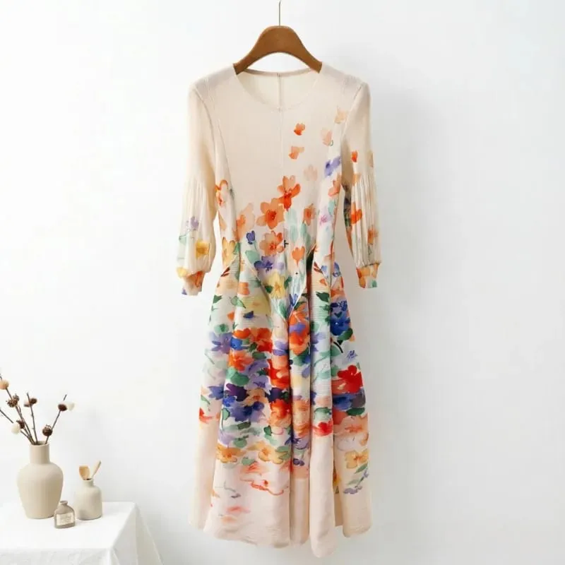 Miyake Plissee Kleider 2026 Herbst Neue Sanfte Französisch Druck Elegante Stretch Plus Größe frauen Langarm Bounce Blume Knospe kleid