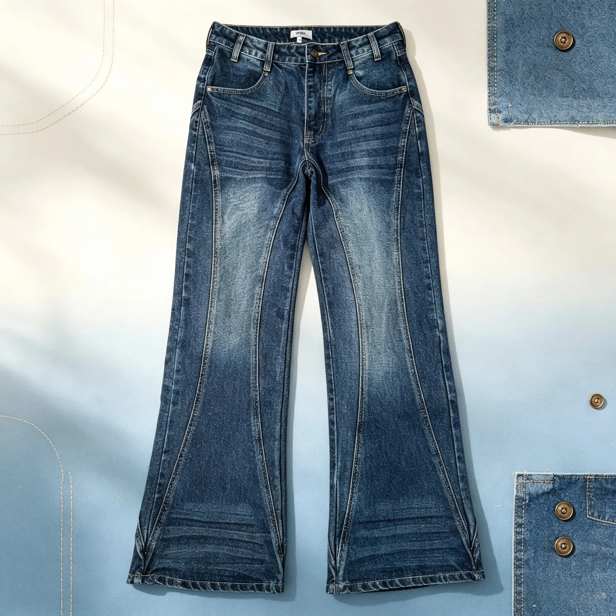 Y2K Vintage Flare Jeans Men Women Dark Wash Denim Pants Mid Waist Split Hem Embroidery Pocket Retro Streetwear Bootcut Trousers