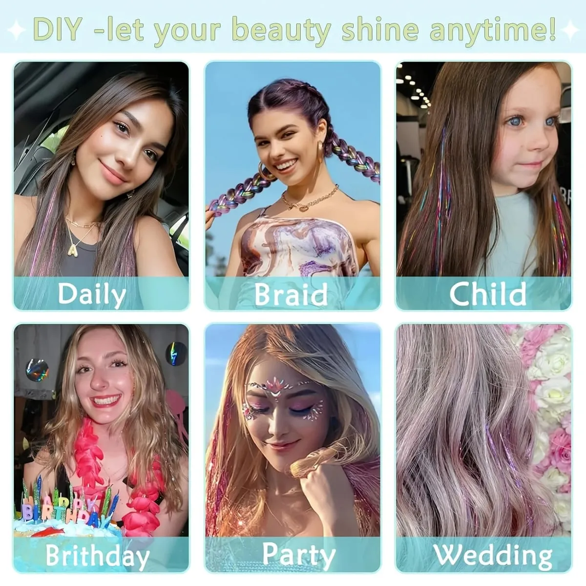 Hair Tinsel Clip in Rainbow Hair Accessories 24 Inch Fairy Hair Tinsel Kit for Women Glitter Extensions Synthetic for Christmas
