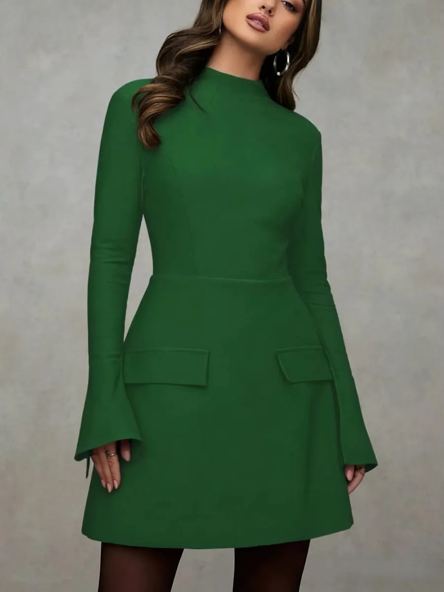 2026 Women Solid Mock Neck Split Flare Long Sleeve Mini Dress Pocket Design A‑Line Elegant Work Party Short Dress