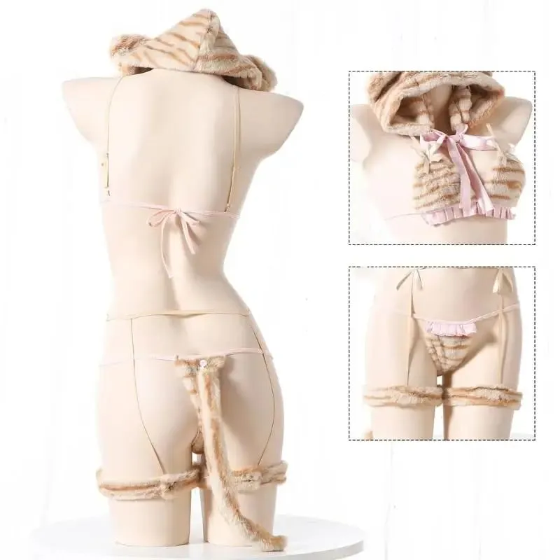 Anime Lingerie Set Tigers Cosplay Lingerie Costumes Fuzzy Bra and Panty Set with Cap Tigers Tail Sleepwears