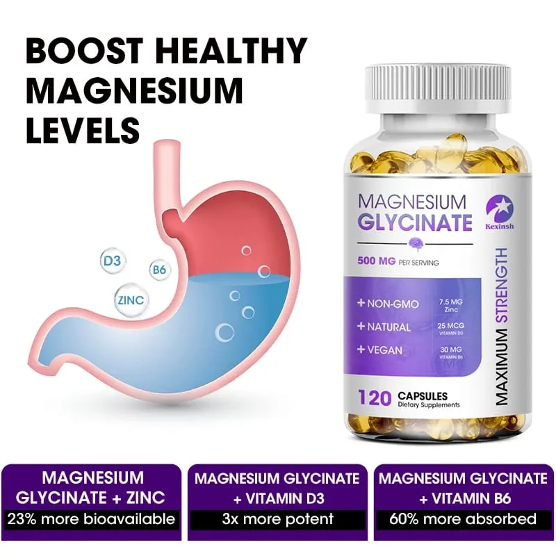 Kexinsh Magnesiumglycinat-Ergänzungsmittel 500 mg mit Zink, Vitamin D3 B6, fördert den natürlichen Schlaf, reduziert Stress und Angst, gentechnikfrei
