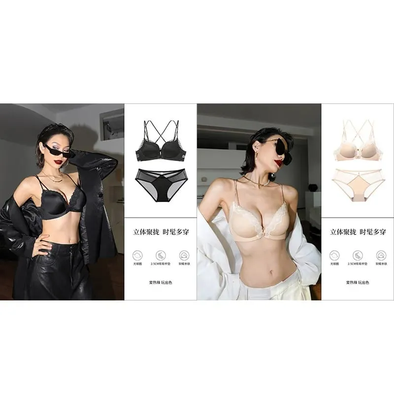 Victoria Style Wireless Lingerie Set Pink Leopard Pattern Front Closure Bra Sensual Back Push Up for Small Bust 32-38