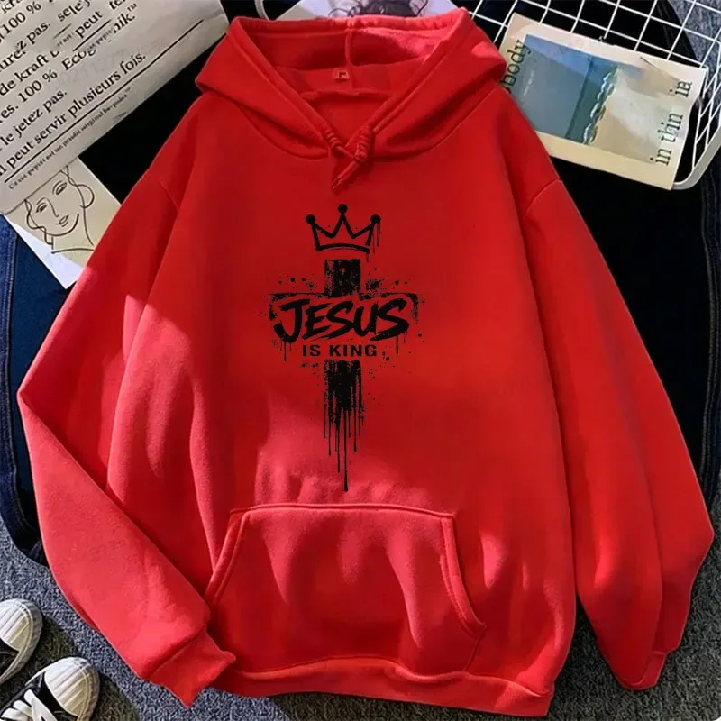 Jesus Is King Graphic Hoodies for Men Cross Crown Print Sweatshirts Christian Faith Casual Tracksuits Religious Street Tops Gift
