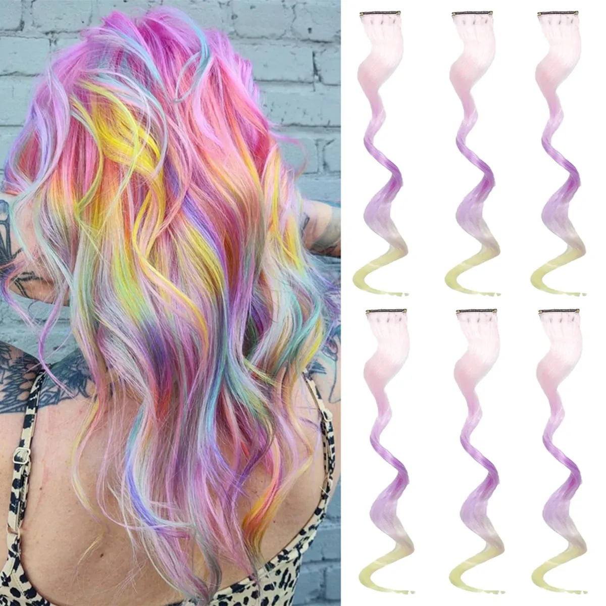 6PCS Ombre Clip In Hair Extensions Synthetic Body Wave Long Wavy Rainbow Highlight For Women Party Cosplay Festival Hair