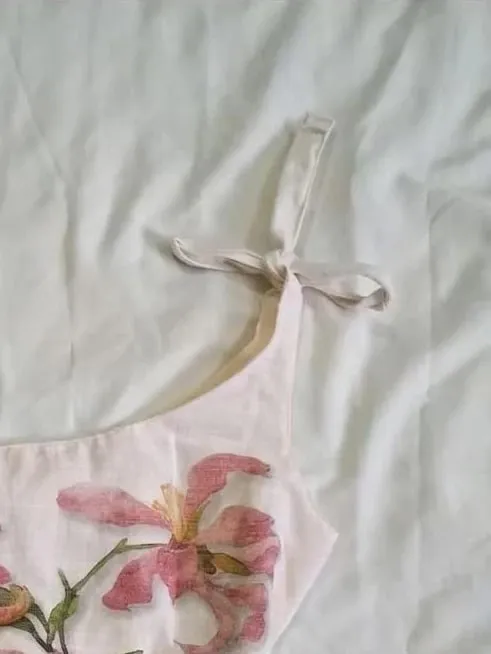 Women Vintage Pink Floral Print One Shoulder Cami Top Tie Strap Slim Flared Hem Cottagecore Boho Summer Sleeveless Casual Blouse
