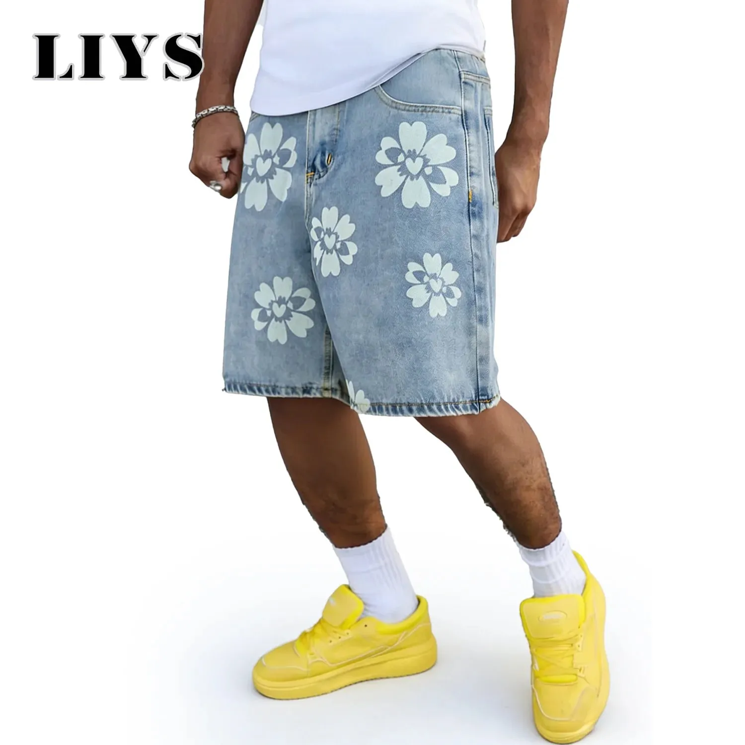 Fresh Delicate Style Flower Print Fashionable Wide Leg Men's Jeans Y2K Casual Elegant Bermuda Denim Shorts Couple Pants