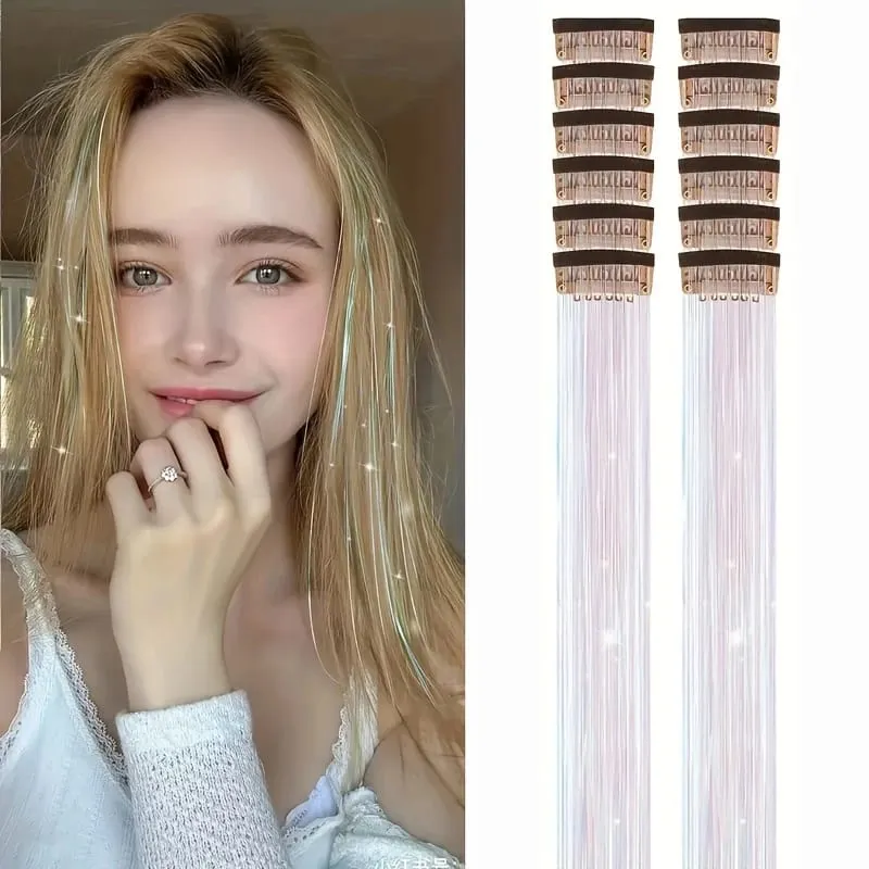 12pcs Per Pack of BB Hair Clips Shiny Metallic Hair Extensions with Clips Synthetic Hair Sparkling Hair Accessories for Women