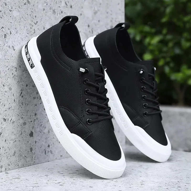 Men'S White Faux Leather Casual Sneakers Low Top Slip On Design Elastic Laces Comfortable Non Slip Sole Versatile Fashionable Sk