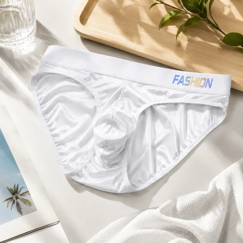 Underwear Men's Triangle Panties Low Waist Ultra Smooth Satin Silky Briefs Lingerie Gradient Letter Glossy Underpants Large Size