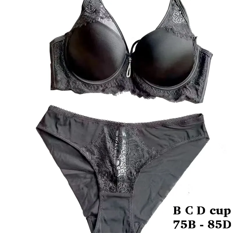 high quality sexy lace women bras and brief two piece set push up B C D cup hollow wire summer lingerie underwear black white