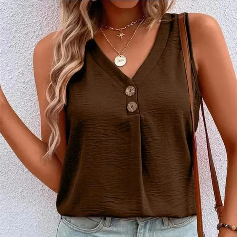 Women's V-Neck Button Tank Top Summer Lightweight Breathe Casual Loose Sleeveless T-Shirt Office Lady Basic Top