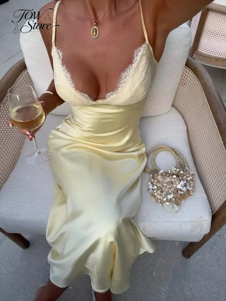 Solid Satin Lace Slip Dress Spaghetti Strap Trim Women V-neck Bias Cut Maxi Dresses 2026 Lady Elegant Evening Party Summer Gown