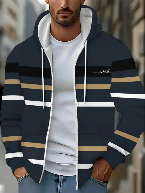 Hoodies for Man Striped Print Full Zip Sweatshirt Outdoor Wear Man Hoodie Fashion Casual Loose Sports Tops Pullover Man Clothing