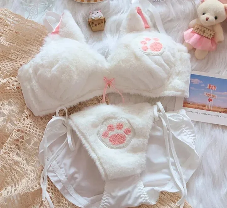 Cute Cat Paw Plush Lingerie Set for Women Warm Winter Bra & Panty with Ears Comfortable Kawaii Underwear