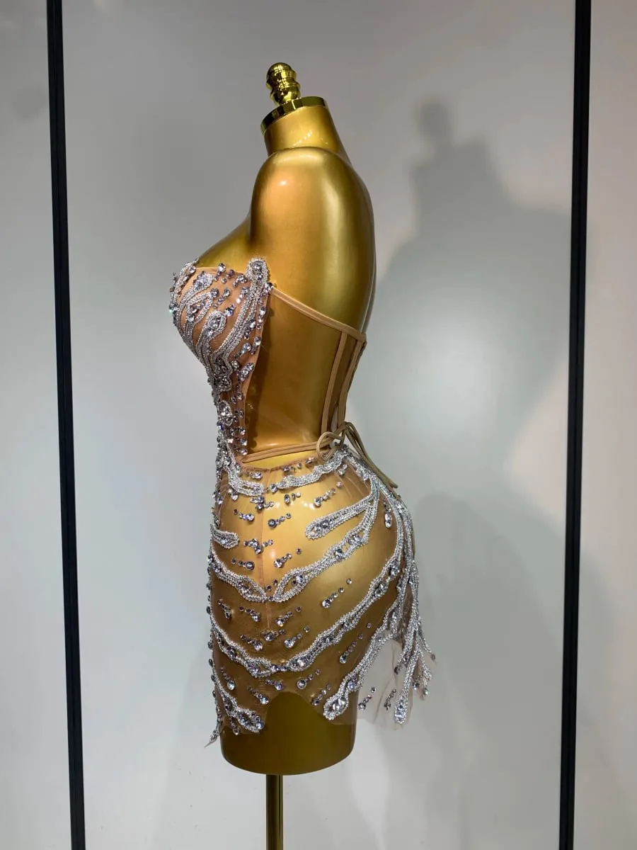 Women Sexy Strapless Rhinestones Mini Dress Performance Costume See Through Stage Dancer Club Evening Party Birthday Dress