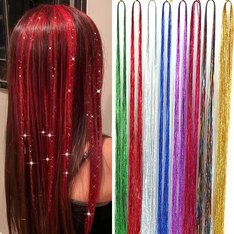 1PCS Sparkling Shiny Tinsel Hair 48inch Long Colored Hair Extensions Party Hightlights Women Hairpiece Halloween Christmas Use