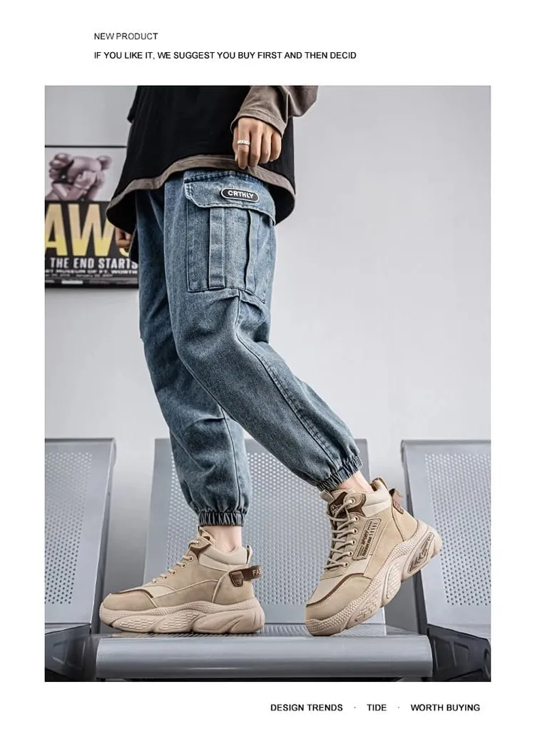 Men's High Top Sneakers Luxury Designer Men Boots Outdoor Fashion Lace-Up Casual Shoes High Quality Leather Platform Boots Male