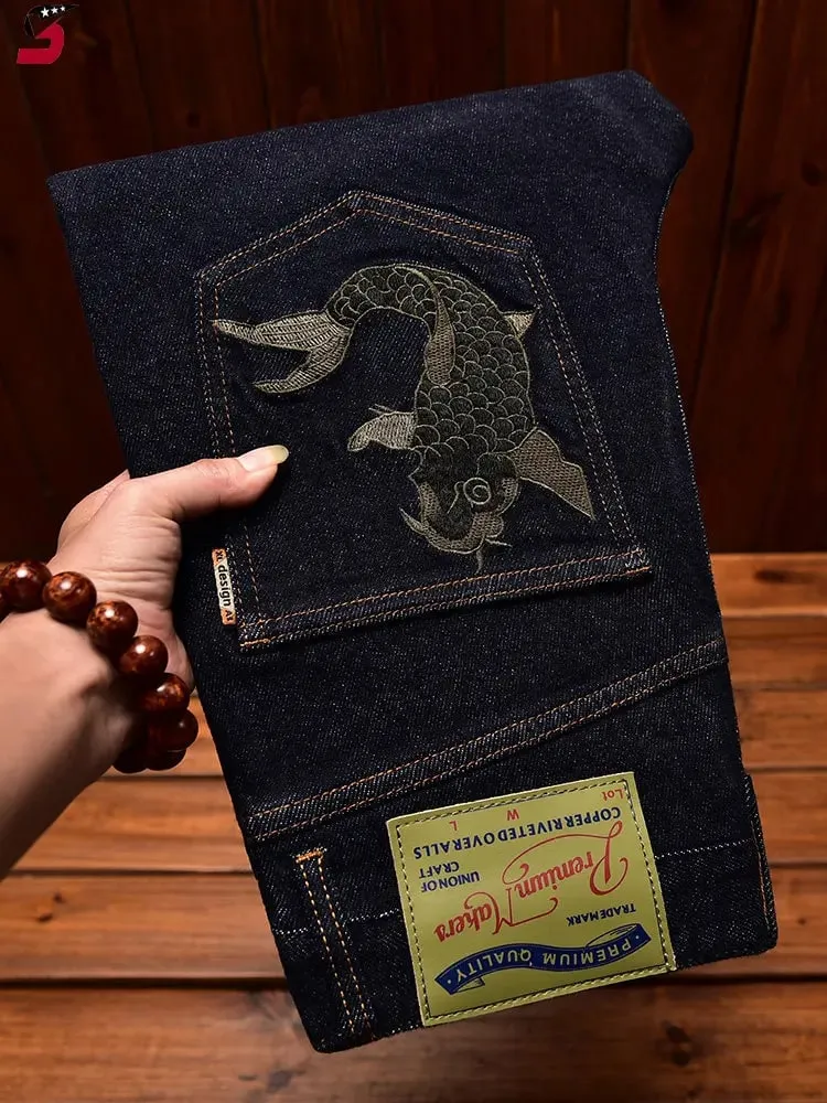 High end trendy Chinese style embroidered printed jeans men's fashion design slim fit small feet elastic denim pants