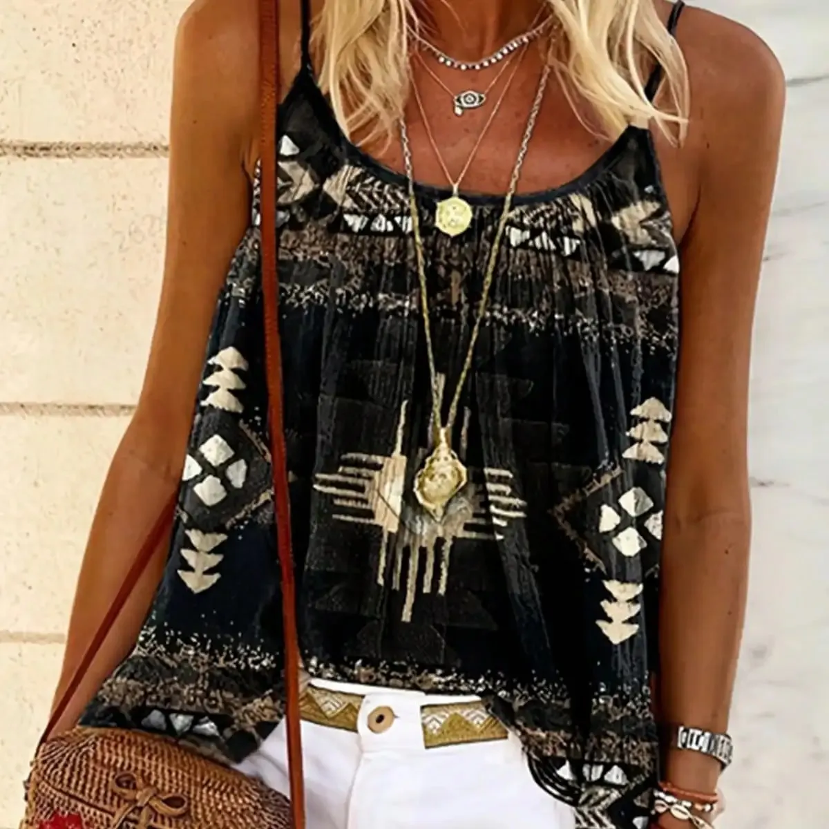 Womens Boho Print Spaghetti Strap Cami Top Loose Fit Summer Casual Tank Black And Gold Tribal Pattern
