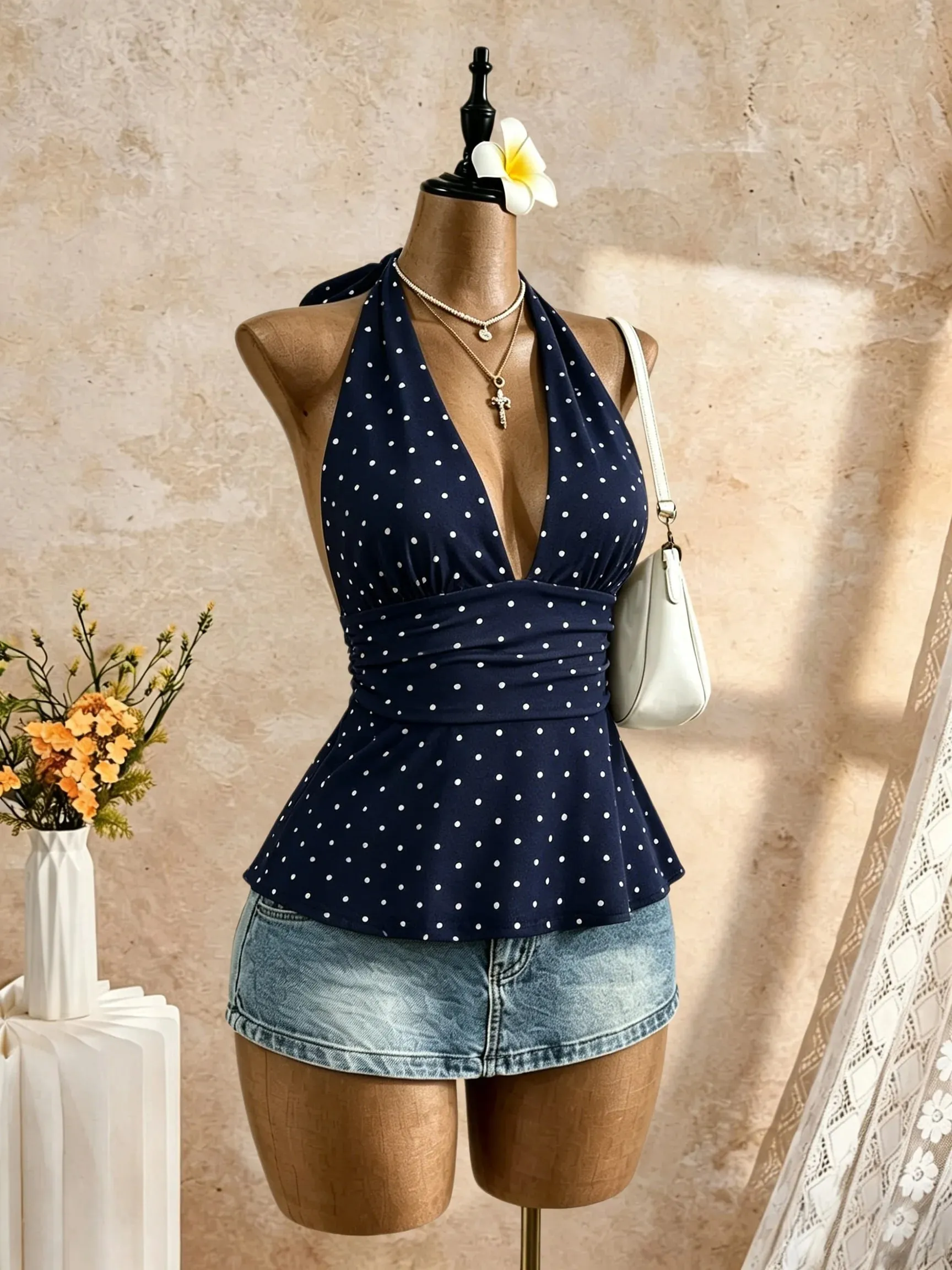 Women Halter Deep V Neck Sleeveless Peplum Tank Top Wrap Waist Ruched Flared Hem Slim Fit Y2K Cami Blouse