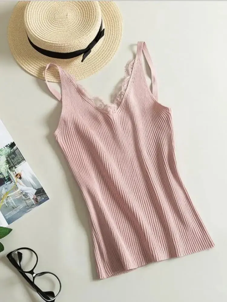 2026 Summer Casual Tops Solid Stitching V-neck Camis Women Hook Flower Lace Tank Female Knitted Short Slim Sleeveless Shirt