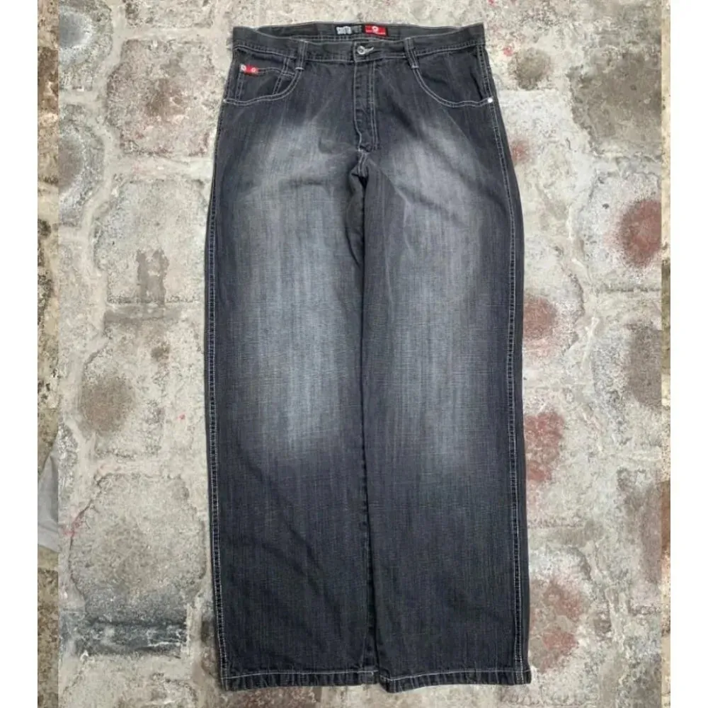 Fashion Gothic New Black Solid Color Washed Old Casual Jeans Men Y2K Street Cloth Vintage Popular High Waist Loose Wide Leg Pant