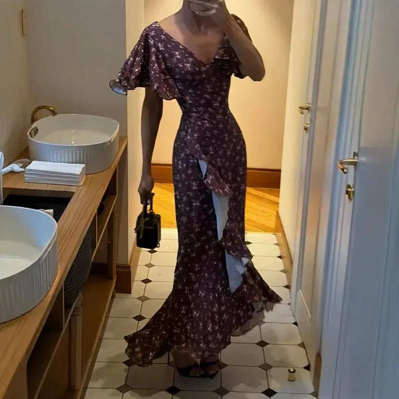 Fashion Printed Women's Dress Short Sleeve V-Neck Ruffle Waist-Closed Side Split Floral Dresses 2026 Summer Elegant Female Robe