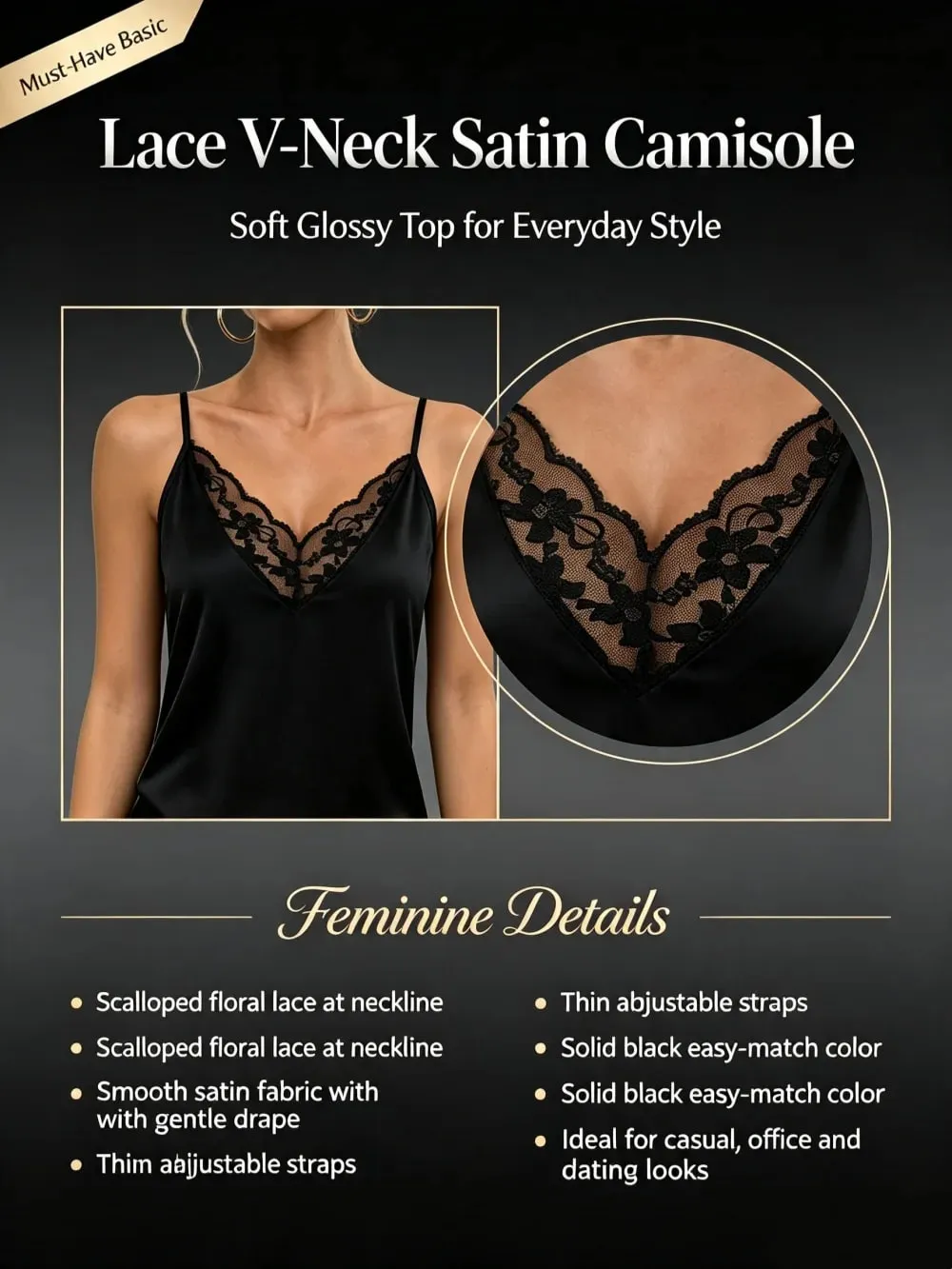 Women's V Neck Black Lace Splicing Camisole Sling Tank Top Spring Summer Sexy Casual Everyday Home Versatile Camisole Top