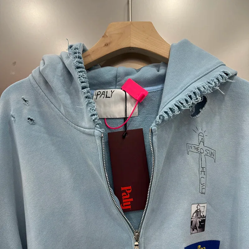 Light Blue PALY Letter Crystal Hoodie Ripped Washed Fashion Patch High Street Casual Men Women 1:1 Zipper Sweatshirts