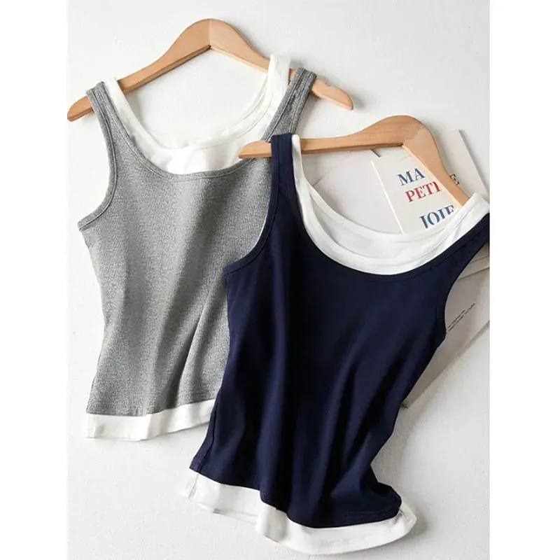 Y2K Fake Two Pieces Tank Tops for Women Fashion Contrast Color Round Collar Sleeveless Vest 2026 Summer New Slim Short Camis