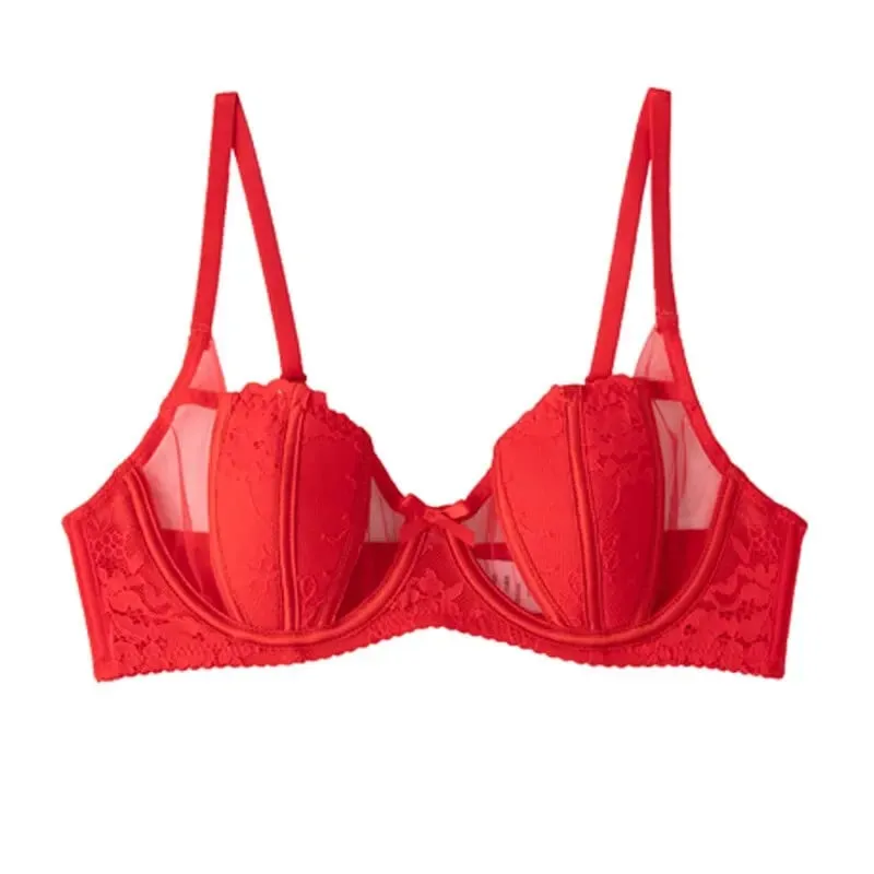 Ensemble Lingerie Dentelle Française Brodée Bonnets Oreille De Lapin Fil Doux Push Up Respirable Amincissant Confort Élégant
