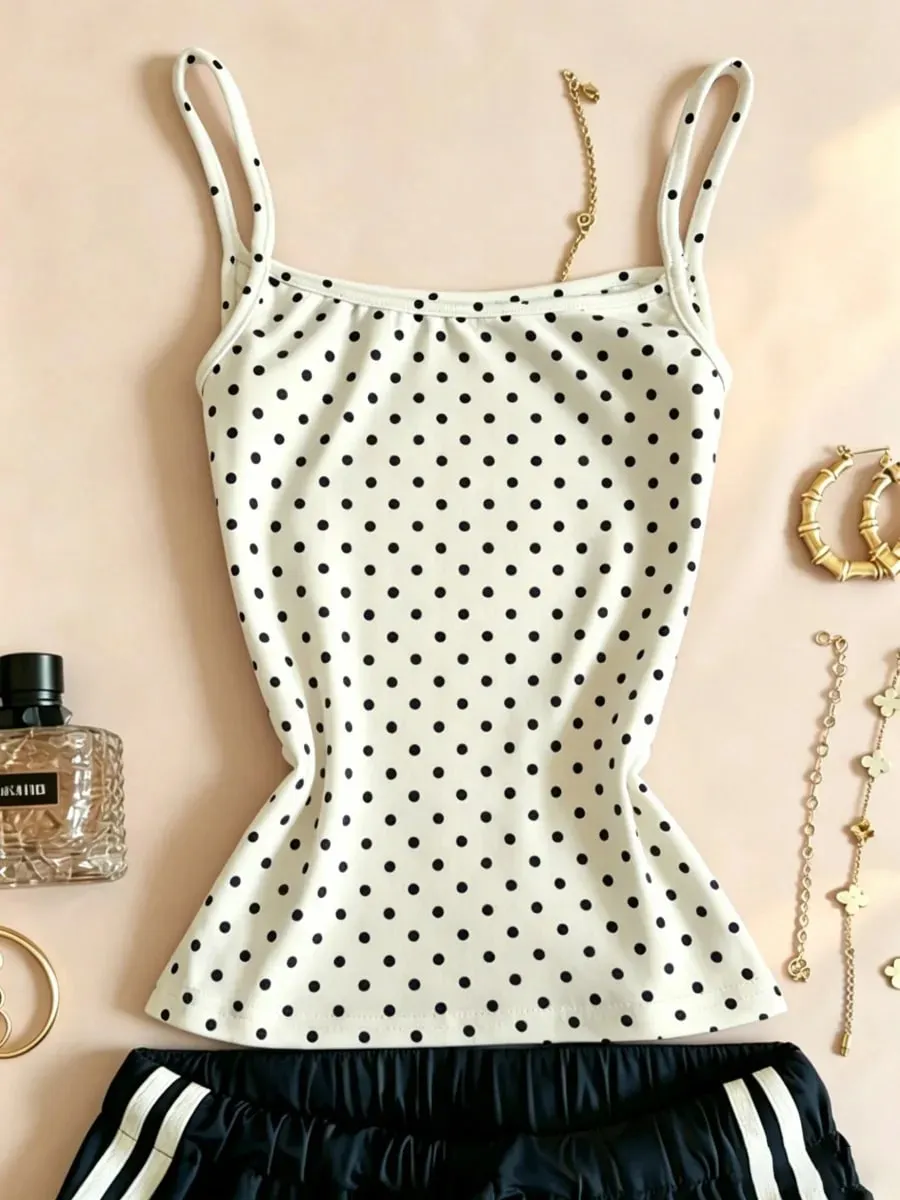 Women Polka Dot Camisole Tank Top Summer Casual Slim Fit Sleeveless White Basic Y2K Crop Top