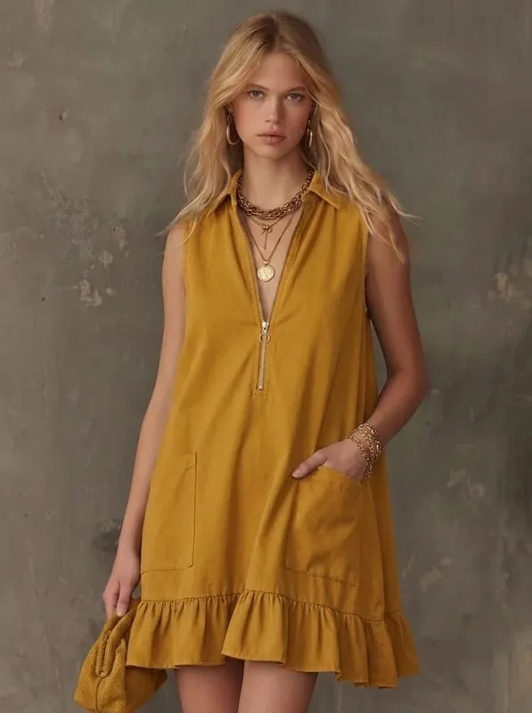 Women Sleeveless Zip V Neck Mini Dress Collared Ruffle Hem A Line Loose Dress with Pockets Summer Casual Dresses