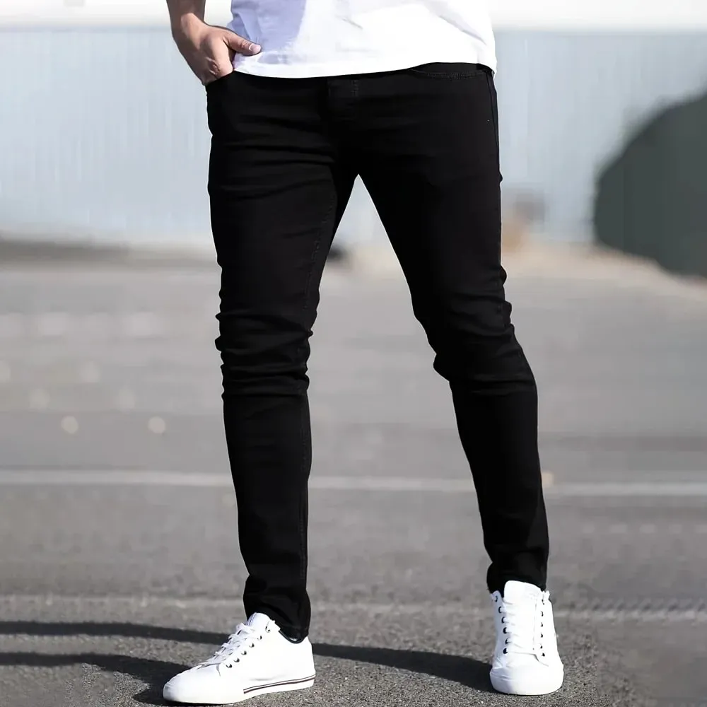 Jarní Pánské Černé Modré Kalhoty Pure Color Streč Džíny Street Ležérní Slim Fit Kalhoty Pánské Vintage Wash Skinny Jeans pro muže