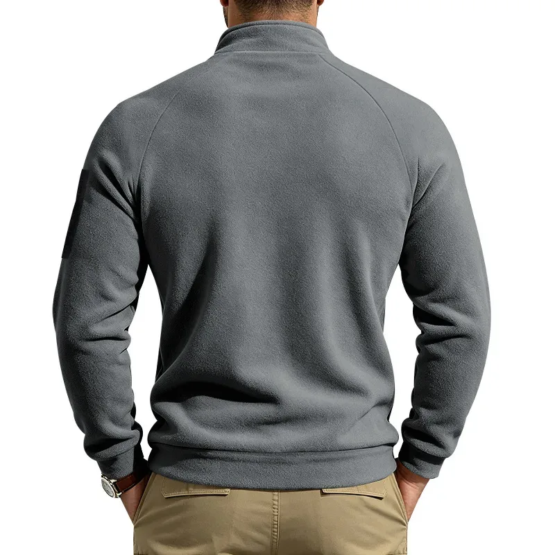 Men Fleece Stand Collar Sweatshirt Diagonal Zipper Arm Pocket Long Sleeve Loose Casual Pullover Autumn Winter Outdoor Tops
