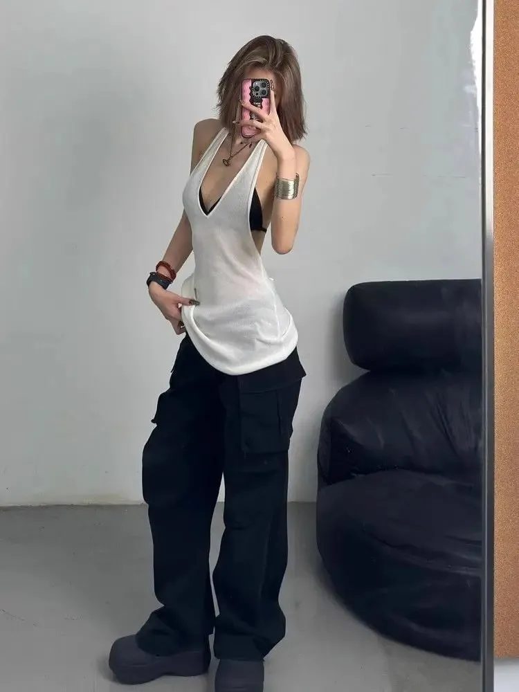 Sexy Hot Girl V-neck Knitted Halter Top for Women in Summer New Style for Outerwear Backless White Sports Slim Fit Top Trendy