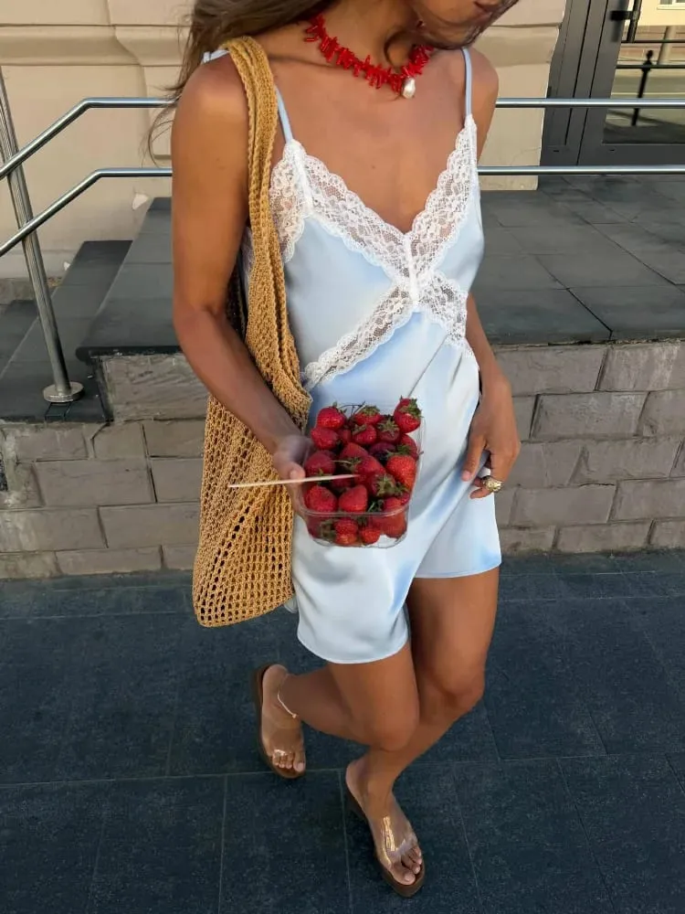Sexy Satin Lace Patchwork Sling Dress Women Fashion V-neck Sleeveless Hollow Out Mini Dresses 2026 Summer Lady Vacation Robe — image 6