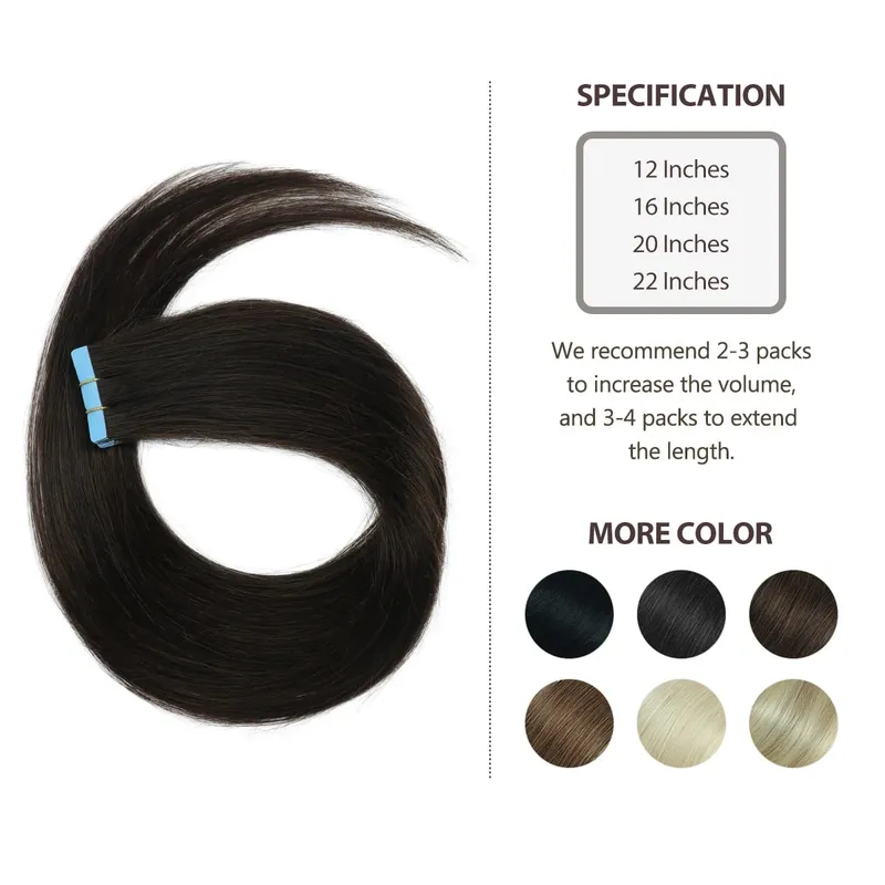 Invisible Tape In Extensions Emberi Haj Seamless Pu Skin Weft Injektált hajhosszabbítók Kézzel kötött ragasztók Tape-Ins 10db/csomag