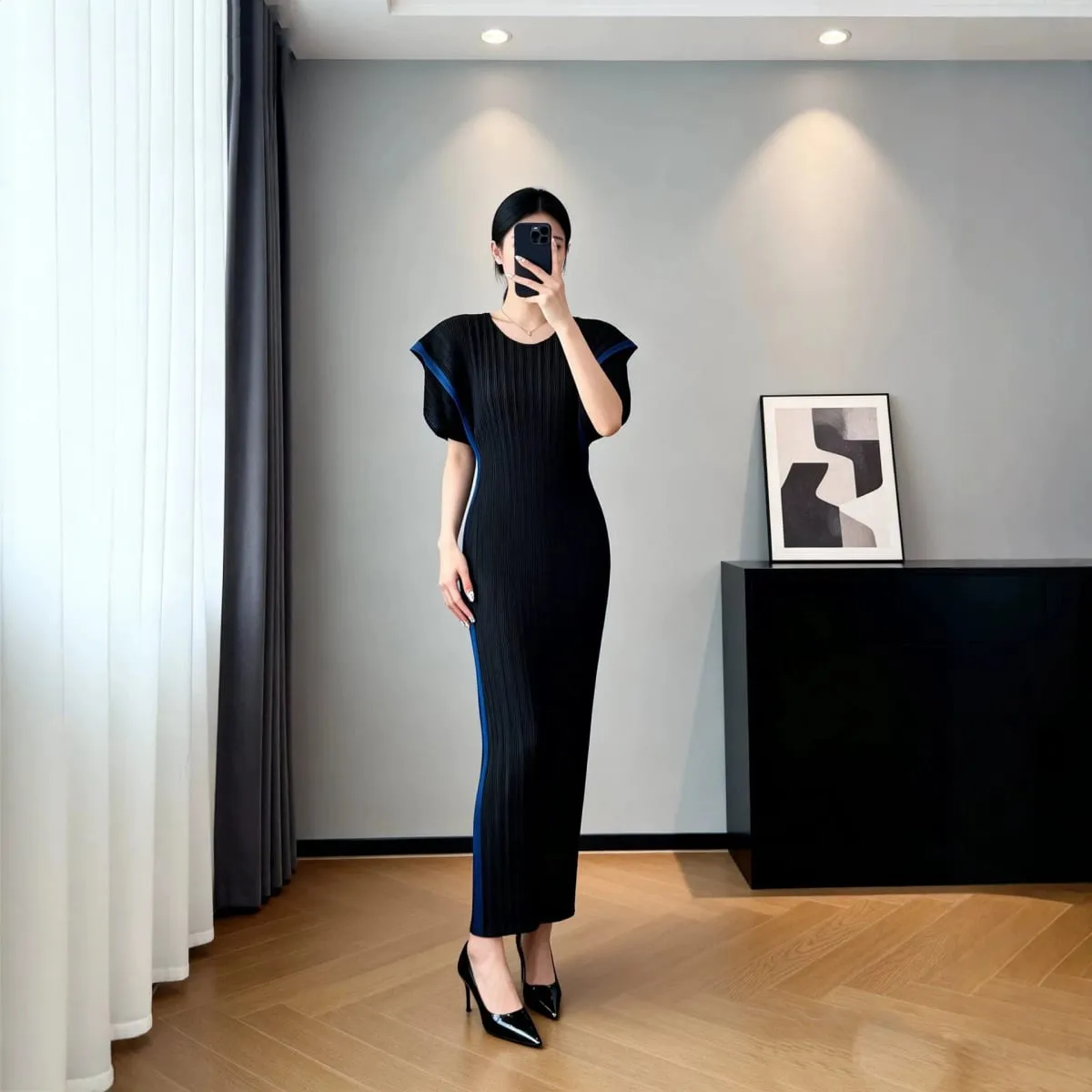 Miyake Stretch Pleated Slim Long Dress for Women Round Neck Short Sleeve Elegant Bodycon Midi Party Casual Dresses