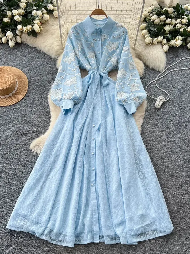 French Vintage Lace Embroidered Lapel Lantern Sleeve Dress Women Korean Slim Fit Waist Mesh Slim Long Dress — image 3