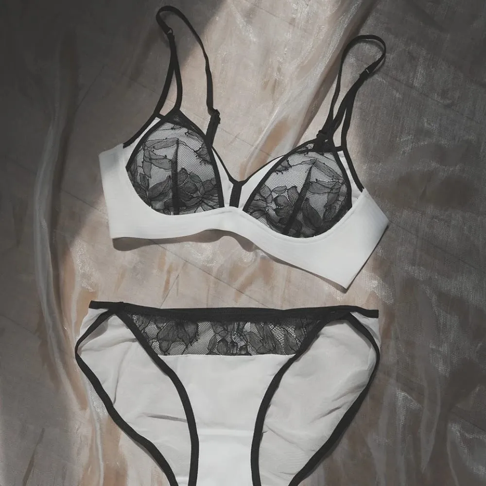 Conjunto de lencería Sexy de estilo para mujer, sujetador inalámbrico push-up de retazos de encaje fino en contraste con tirantes dobles para busto pequeño