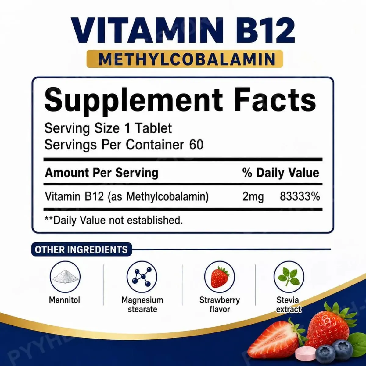 Googeer B12 Methylcobalamin Sublingual Fast Dissolve Tablets with Strawberry Flavor for Daily Body Comfort Support 60 Tablets