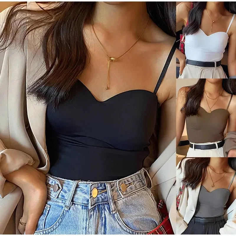 Ladies Thin Ice Silk Camisole Vest French Back Integrated Fixed Cup Traceless Vest Inside Match Outside Wear Short Hot Girl Top