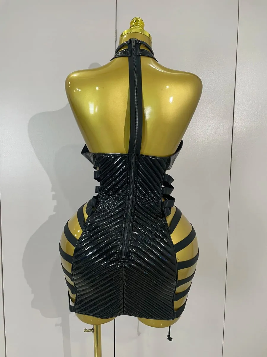 Sexy Black Leather Hollow Out Gothic Bandage Halter Short Dress Women Gogo Dance Singer Nightclub Bar Performance Stage Wear