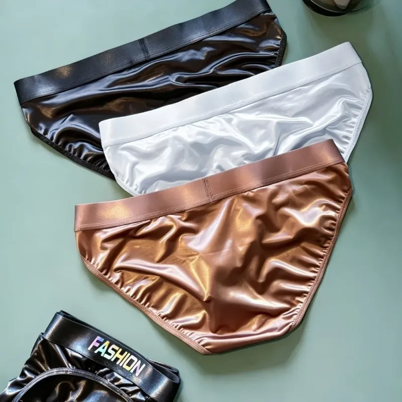 Underwear Men's Triangle Panties Low Waist Ultra Smooth Satin Silky Briefs Lingerie Gradient Letter Glossy Underpants Large Size