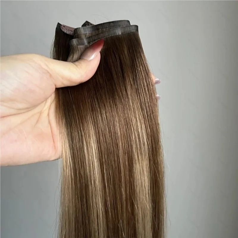 Tape PU Clip In Hair Premium Remy Clip In Human Hair Extensions 7pcs Clip-on Hair 14"-24" 110G Balayage Ombre Mocha Brown Black